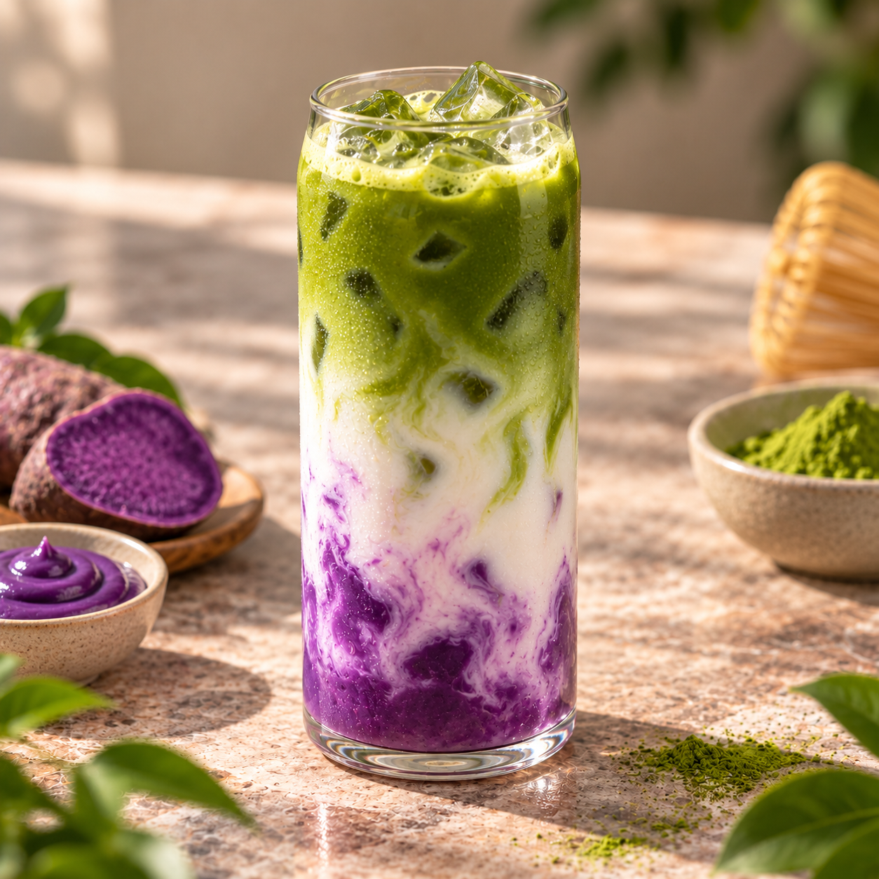 Vrstvené ube matcha latte s ľadom